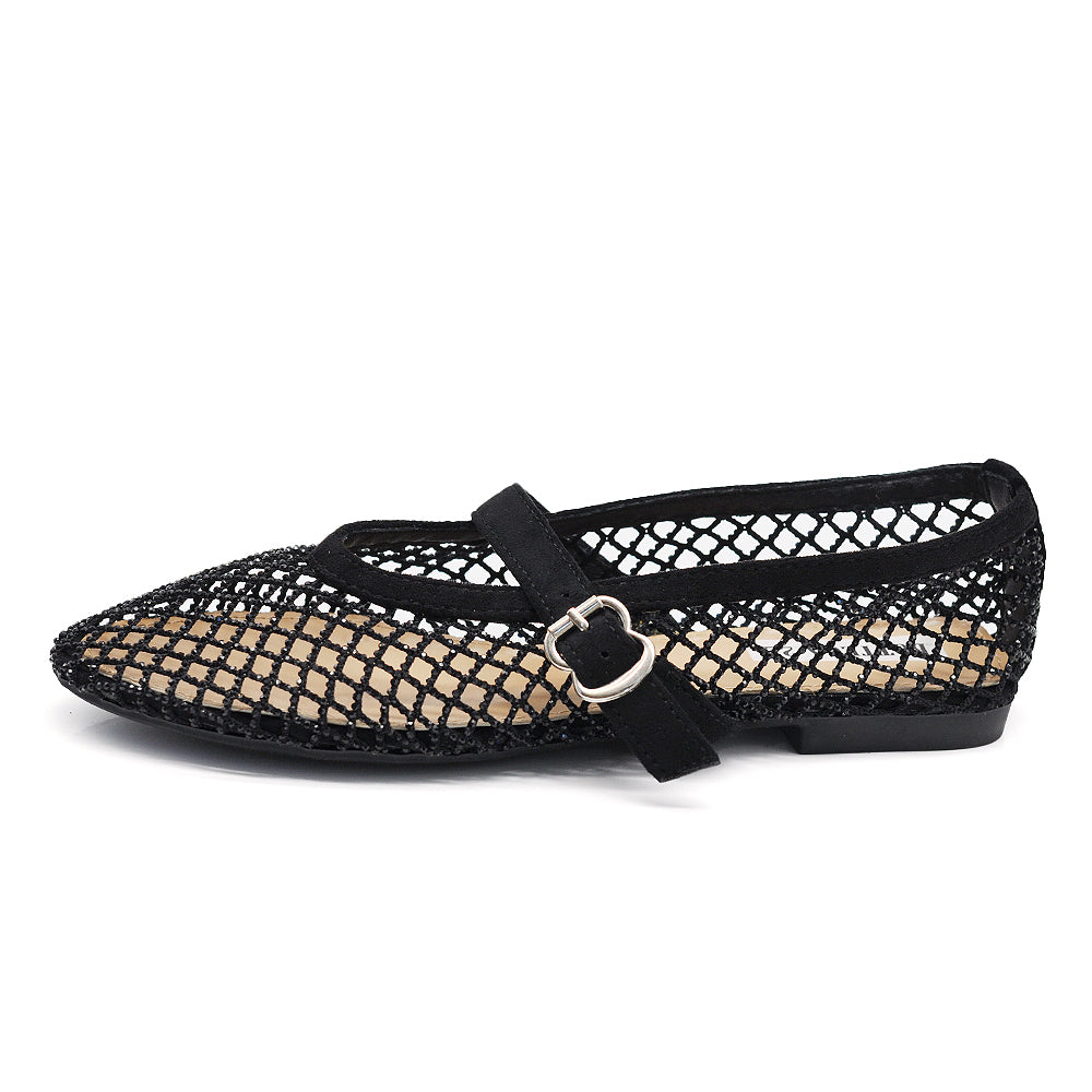 Ballerine Donna Mary Jane a Rete con Strass, Scarpe Basse Traforate con Cinturino e Fibbia, Ballerine Gioiello Eleganti