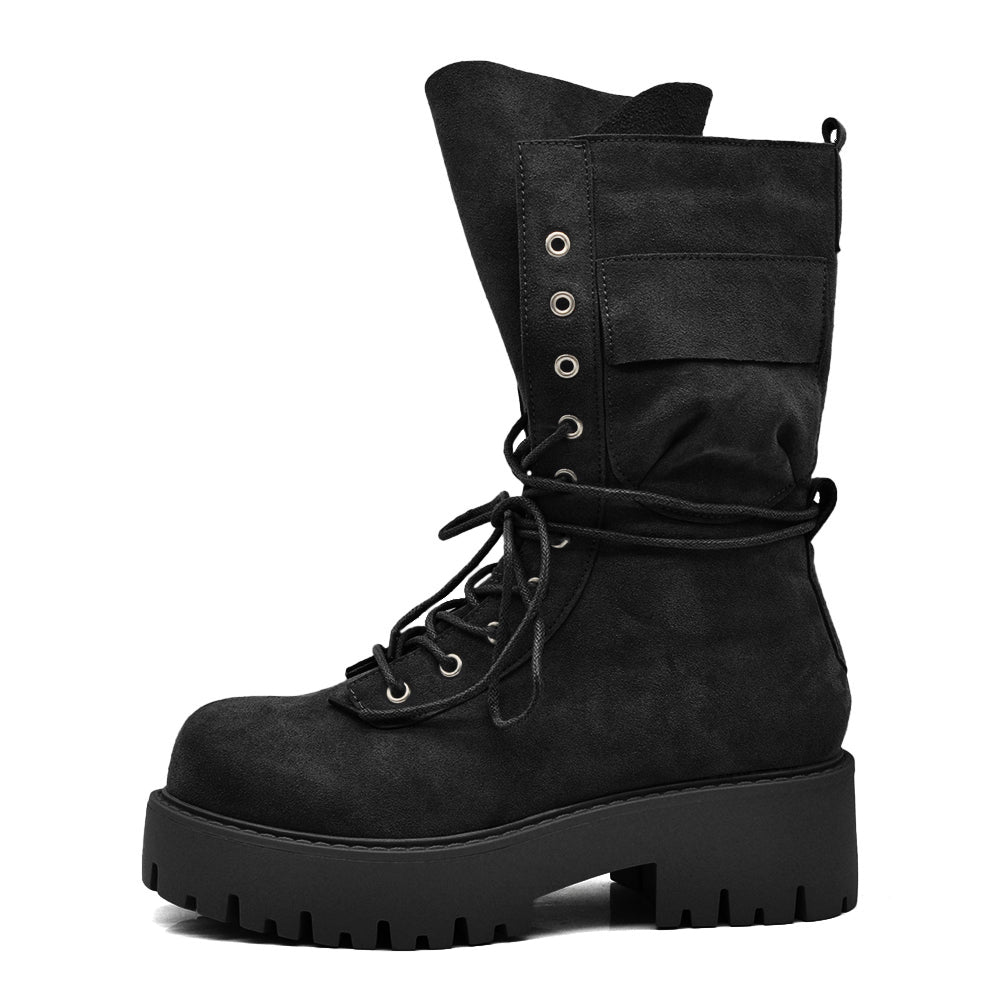 Stivali Anfibi Donna Platform con Lacci, Maxi Linguetta e Tasca Decorativa – Stivaletti Combat Casual con Suola Carrarmato 750