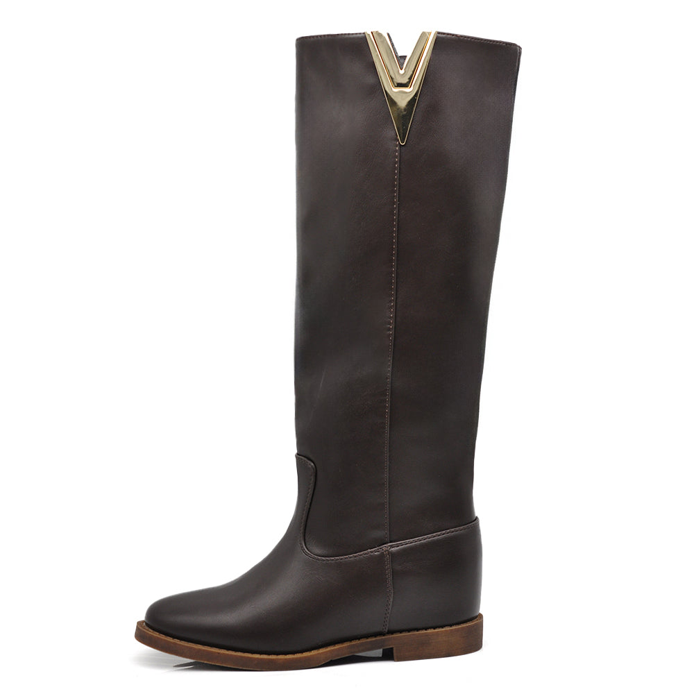 Stivali Alti Da Donna Con decorazione metallica a forma di V Zeppa Interna Rialzo LY81-7 LY81-7A