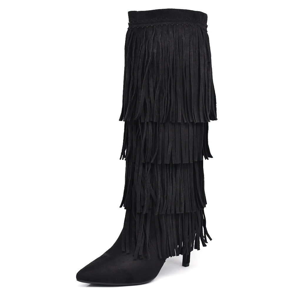 Stivali alti con 3 strati di frange in stile western a punta e tacco a spillo camoscio sintetico GA049