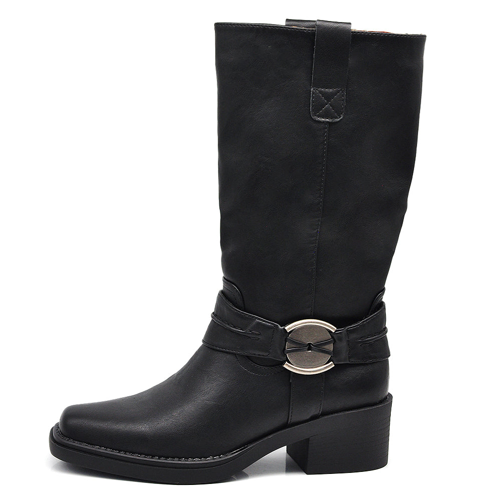 Stivali Texani Western da donna con punta quadrata cinturino e decorazione con medaglietta MP2741-2 nero