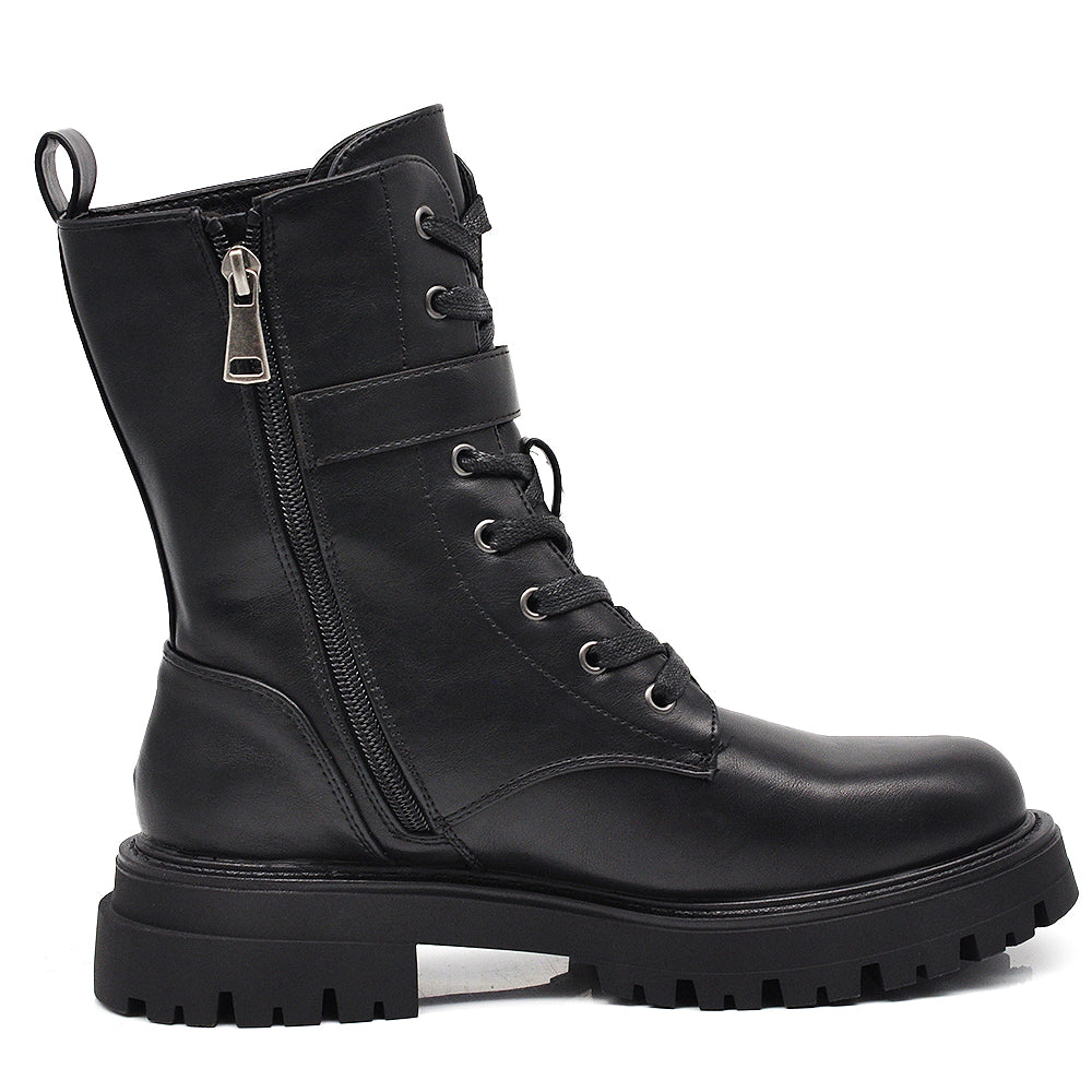 Stivali da donna stile combat boots con lacci fibbia platform look punk/gotico casual MP2747-2 nero