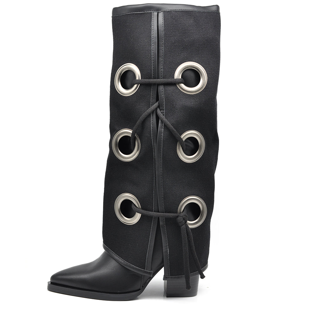 Stivali in ghetta A Punta Con Tacco Cerchi Zip Cerniera Da Donna Denim GA028