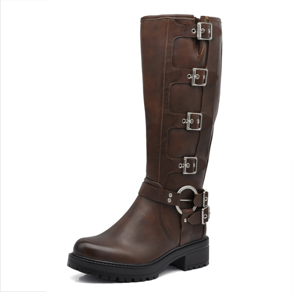 Scarpe Stivali da Donna Al Polpaccio Ginocchio Stile Biker Punk Rock Motociclista con Fibbia Multipla ML287