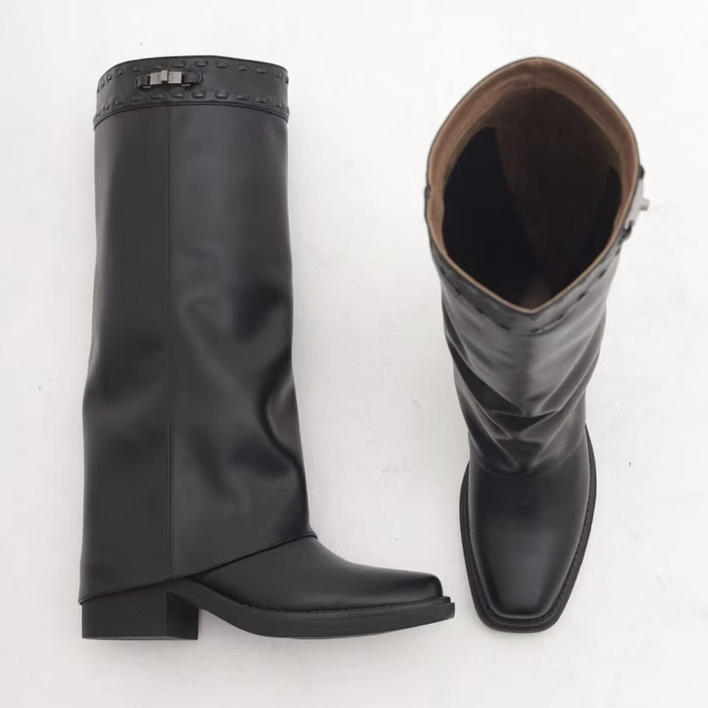 Stivali alti texani da donna con ghetta, punta quadrata e chiusura a girello decorativa sul gambale MP2741-3 nero