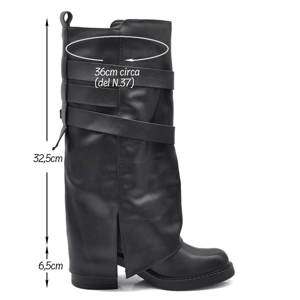 Stivali Biker Donna con Ghette, Fibbie Laterali e Tacco Largo, Modello Comodo dal Look Rock e Casual Chic