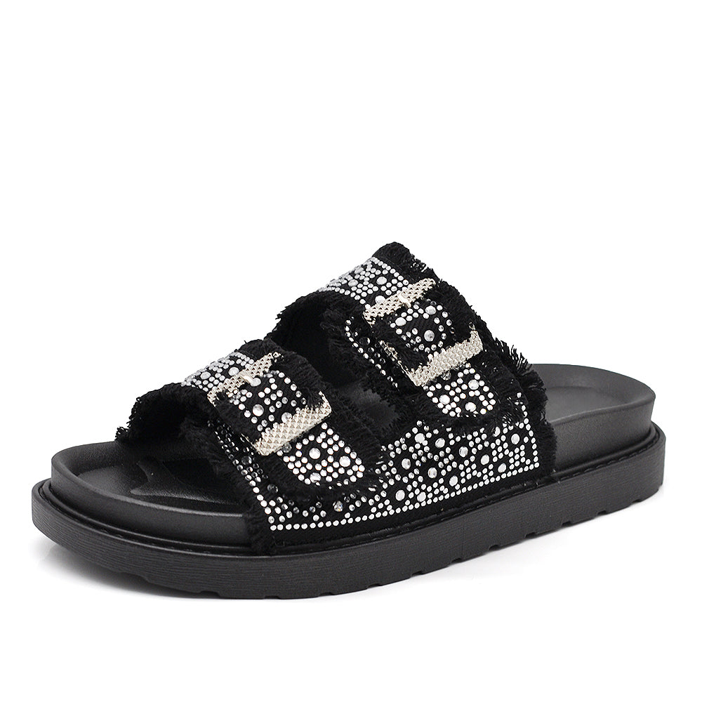 Sandali Donna Denim con Strass e Doppia Fibbia, Ciabatte Estive Casual con Plantare Ergonomico e Supporto Arco, Sandali Moda Comodi
