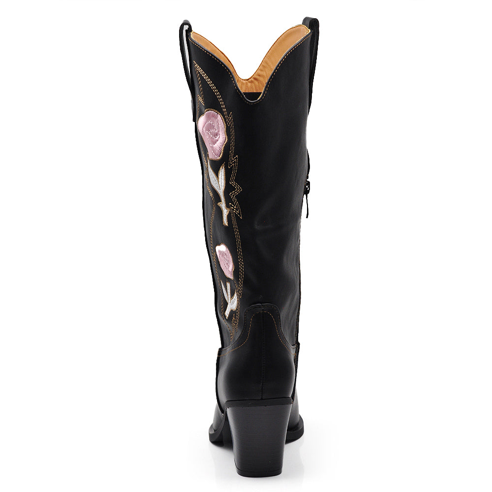 Stivali Texani Donna con Ricamo Floreale Tacco Largo Punta a Mandorla Stivaletti Western MP736-12