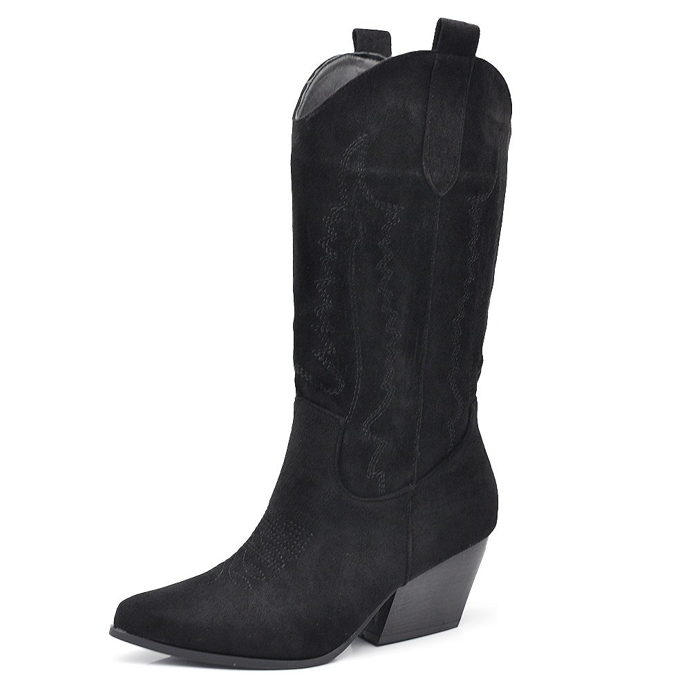 Stivali Texani Donna al Polpaccio con Tacco Largo – Stivali Western Leggeri in Materiale Camoscio Sintetico