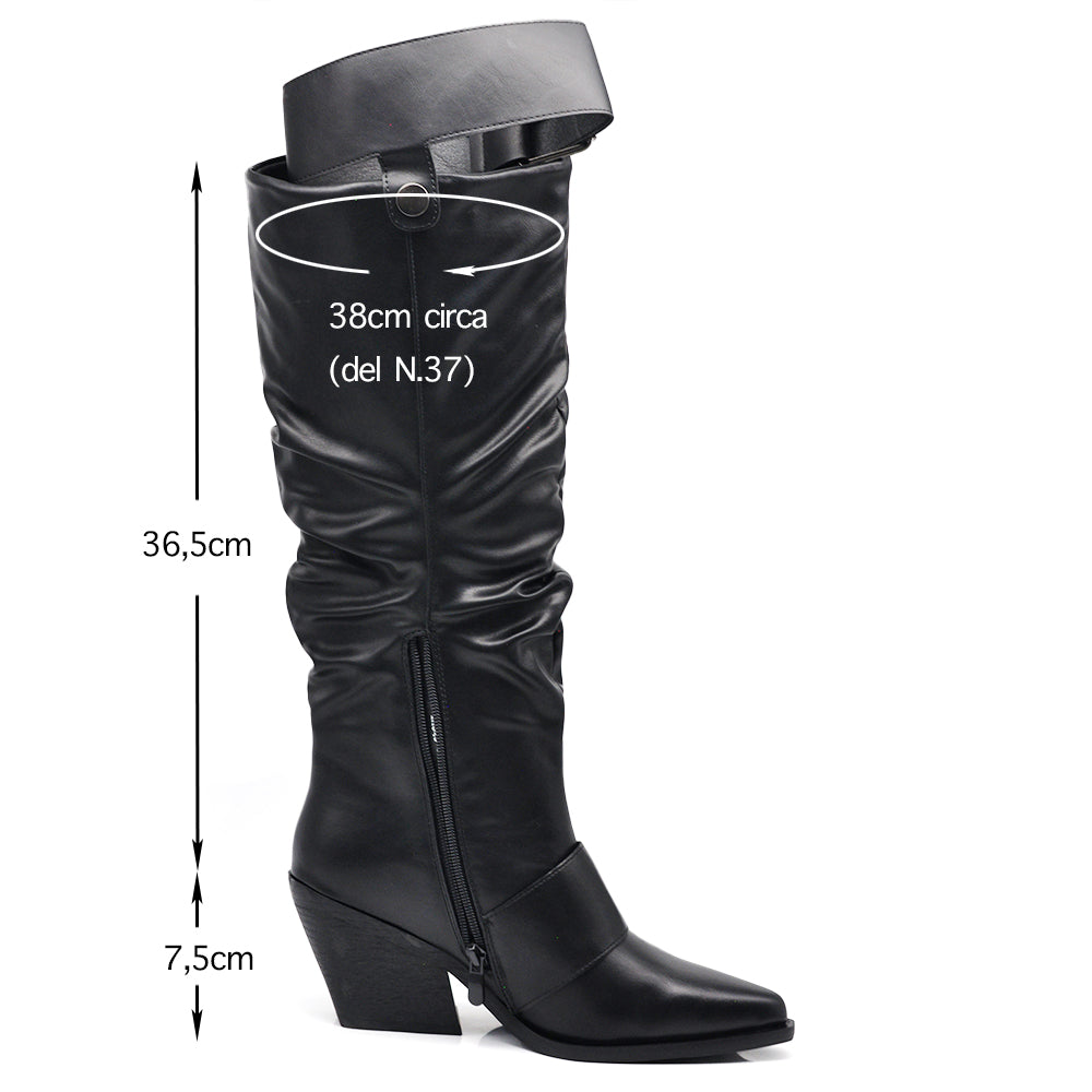 Stivali Texani Western alti donna con punta affusolata e gambale arricciato tacco a cono e cinturino largo rimovibile GA043 nero