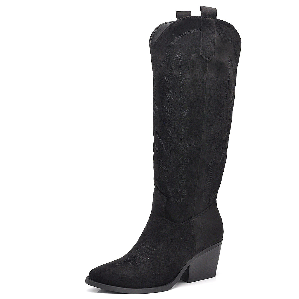 Stivali Alti Texani Donna al Ginocchio con Tacco Largo – Stivali Western Leggeri in Materiale Camoscio Sintetico