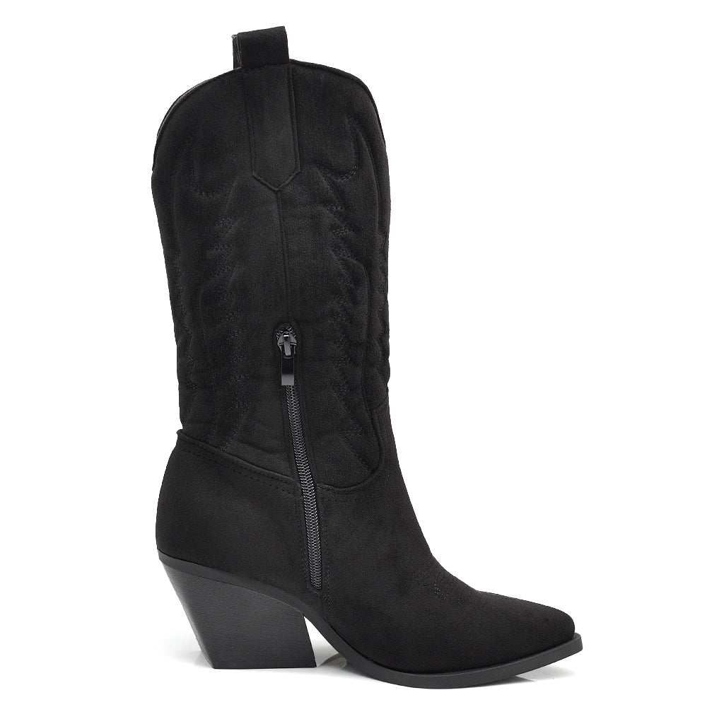 Stivali Texani Donna al Ginocchio con Tacco Largo – Stivali Western Eleganti in Camoscio Sintetico