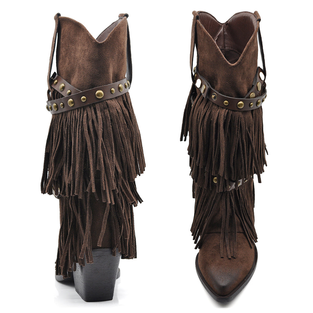 Stivali Texani Donna Western con Borchie e Frange Rimovibili a 3 Strati Tacco Medio nero marrone khaki