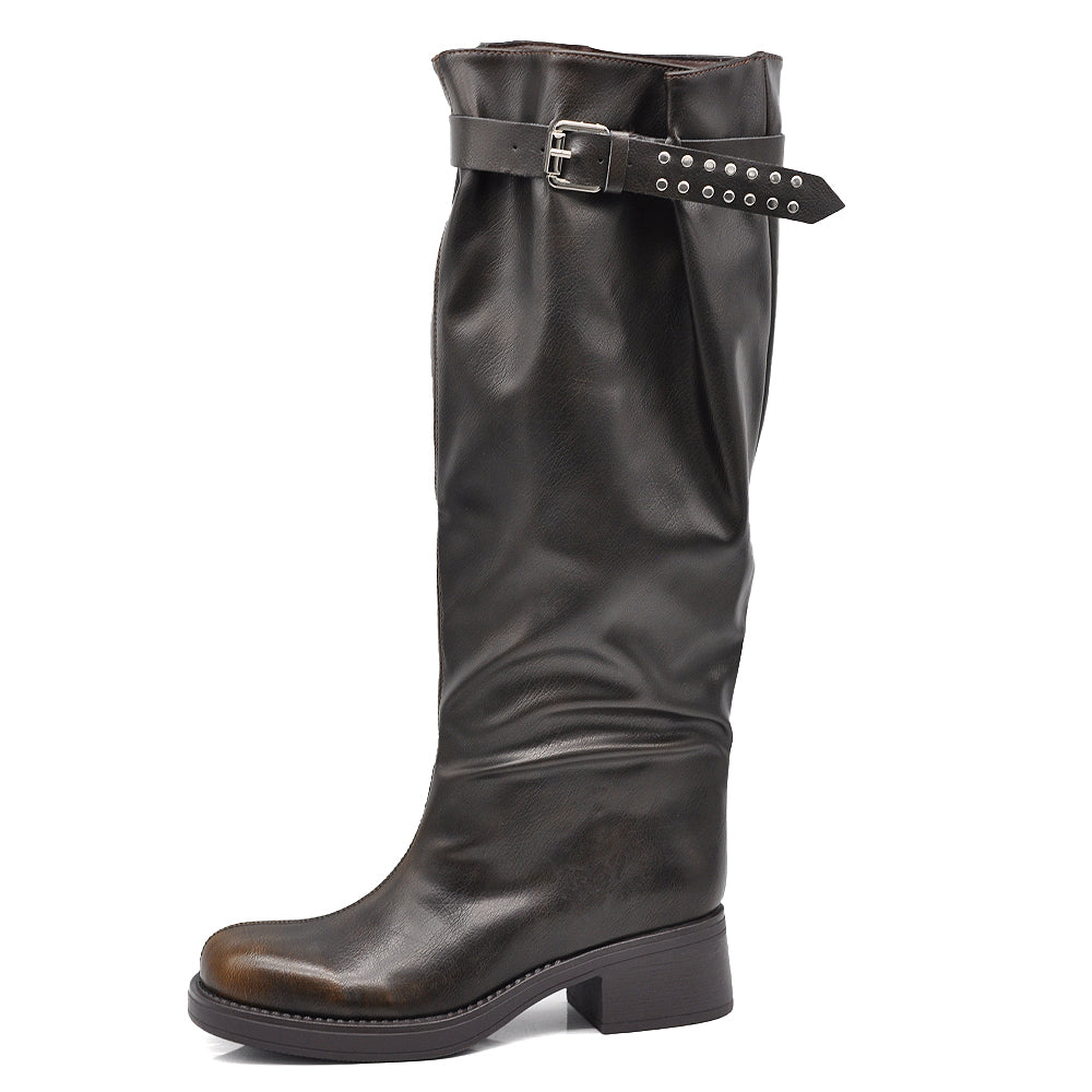 Stivali Donna Gambale Regolabile con Fibbie – Punta Quadrata Trendy, Stivali Alti Moda
