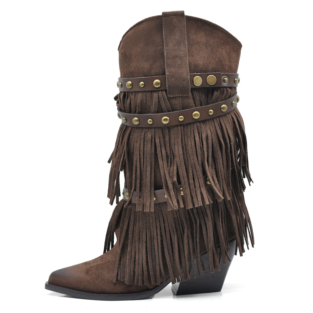 Stivali Texani Donna Western con Borchie e Frange Rimovibili a 3 Strati Tacco Medio nero marrone khaki