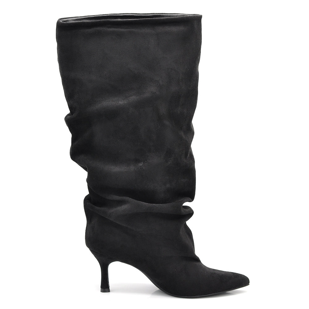 Stivali da Donna con Gambale Extra Largo Arricciato Slouchy a Punta con Tacco Medio
