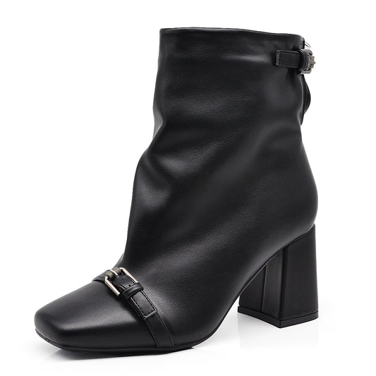 Stivaletti da donna punta squadrata con fibbia decorativa tronchetti eleganti gambale morbido tacco largo MP2735-2 nero