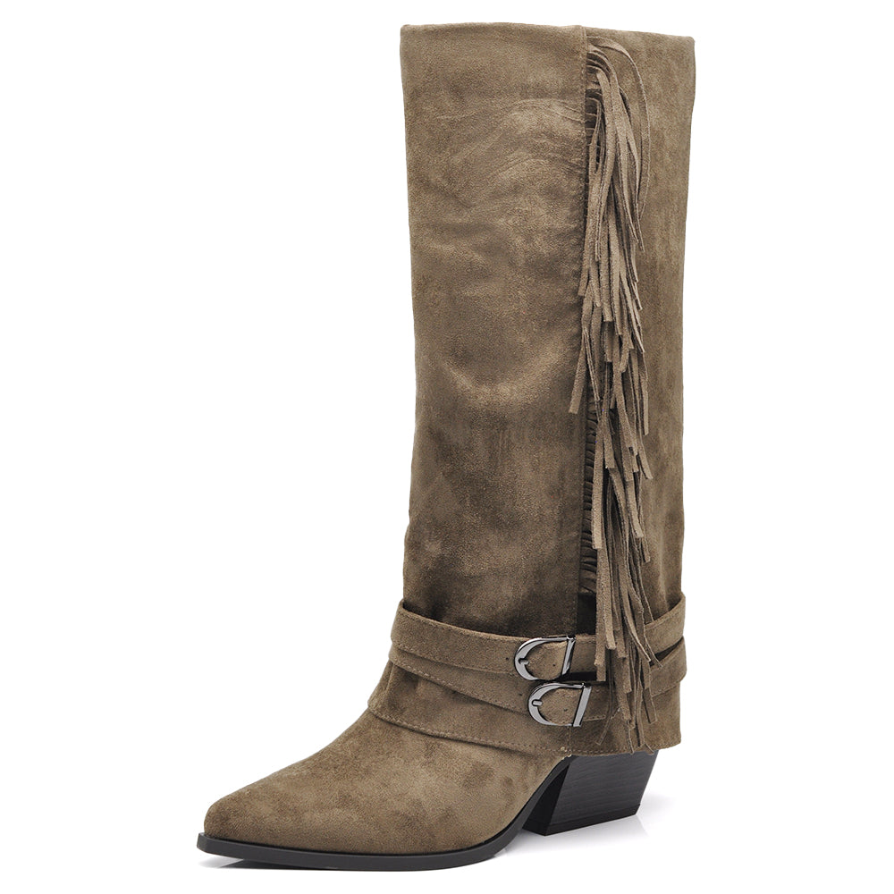 Stivali Texani Cowboy Cowgirl Con Ghetta Frange Camoscio Sintetico Camperos G709 nero marrone khaki