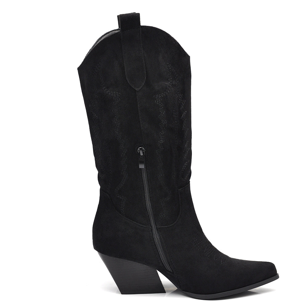 Stivali Texani Donna al Polpaccio con Tacco Largo – Stivali Western Leggeri in Materiale Camoscio Sintetico