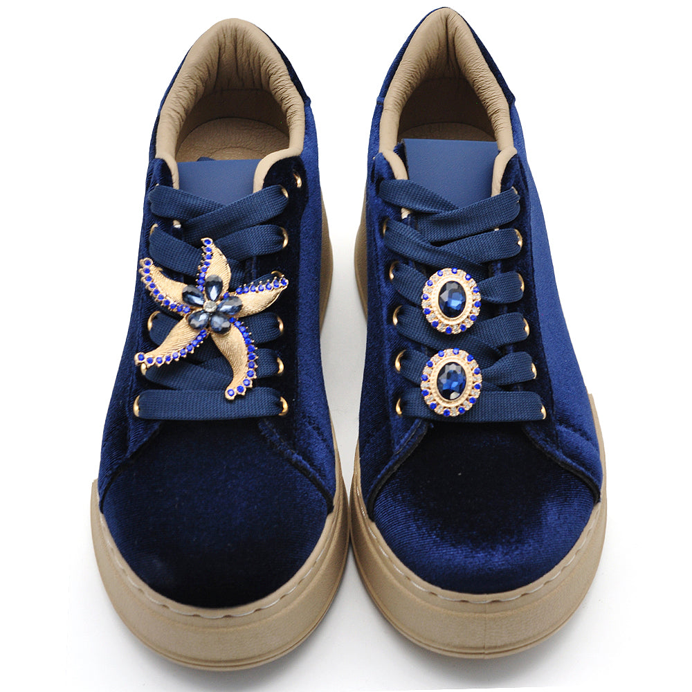Sneakers donna platform eleganti con applicazioni gioiello scarpe casual moda comfort con decorazioni brillanti AD-147 velluto
