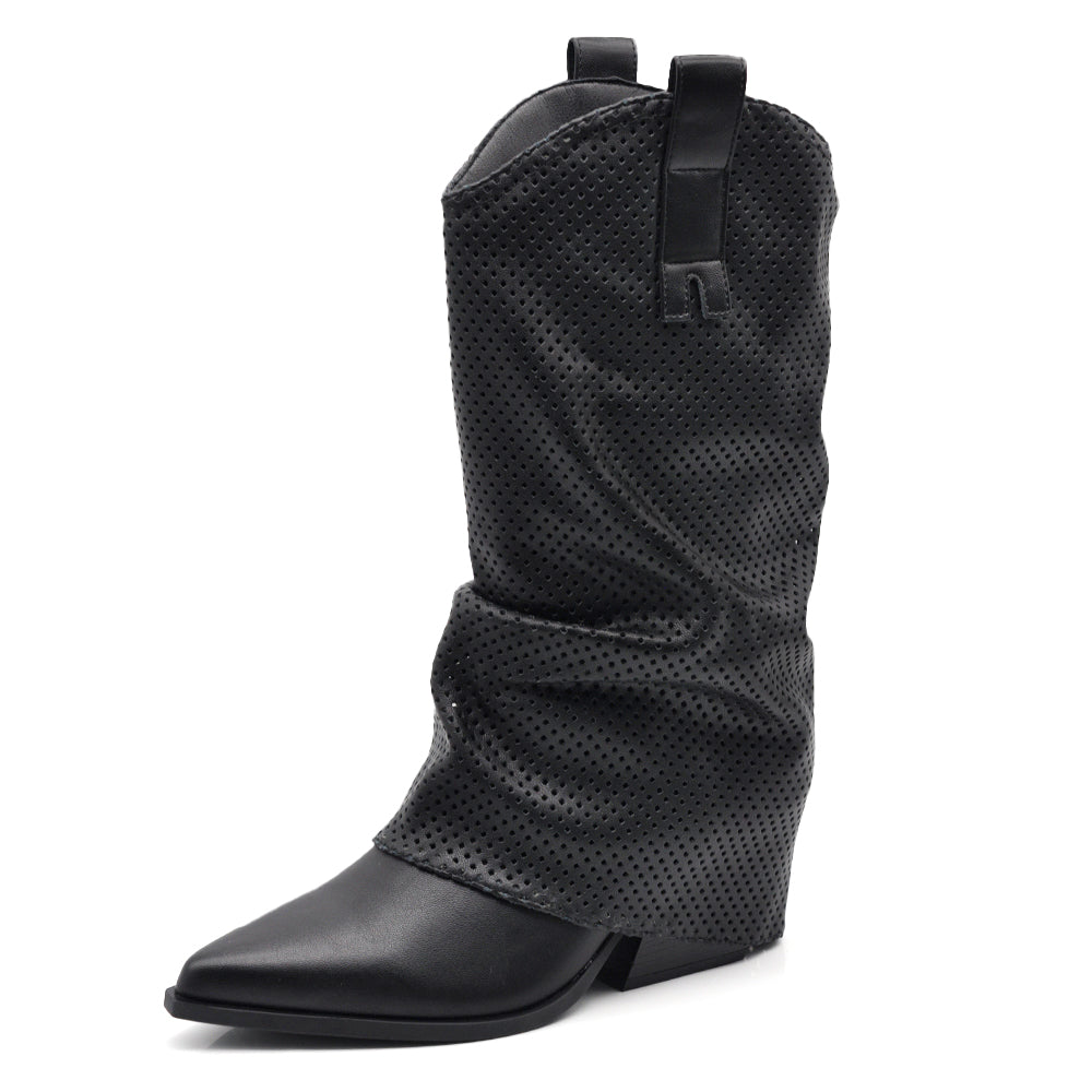 Stivaletti Arricciati Texani Donna con Decorazione Esterna Traforata e Tacco Medio – Stivali Western