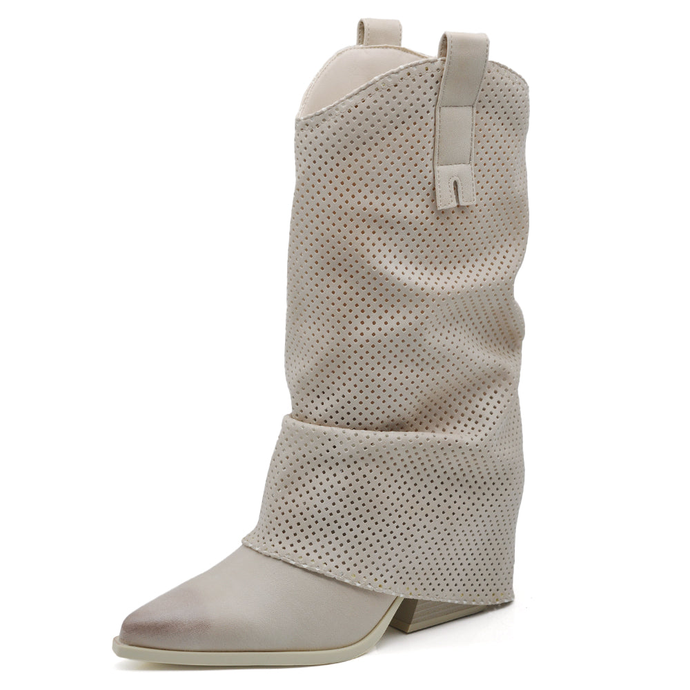 Stivaletti Arricciati Texani Donna con Decorazione Esterna Traforata e Tacco Medio – Stivali Western