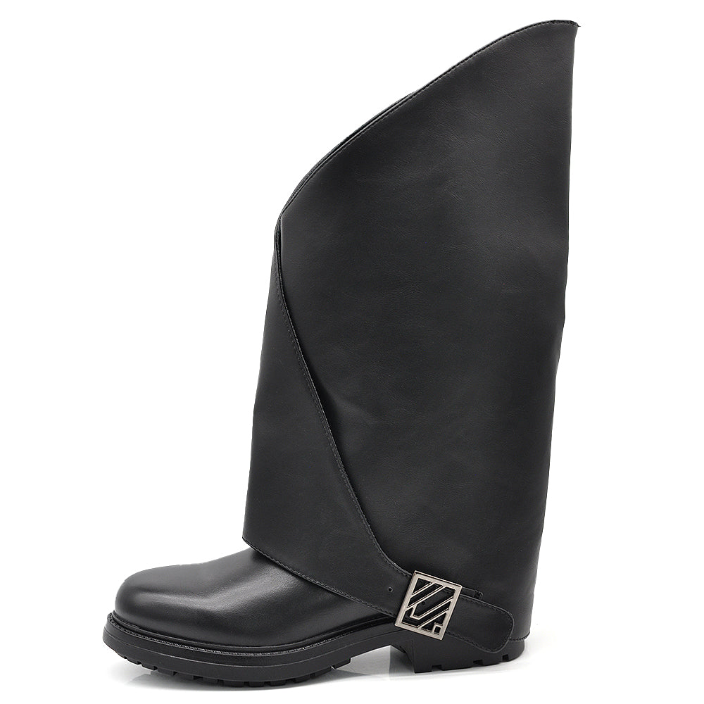 Stivali Biker da Donna Alti con Gambale Extra Largo con Fibbia Suola Carrarmato Antiscivolo Casual