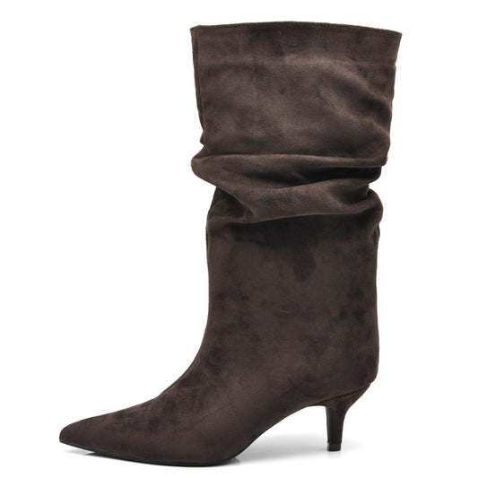 Stivali al polpaccio da donna scamosciato con tacco basso a spillo gattina KITTEN HEELS arricciato elegante e confortevole A206 marrone beige