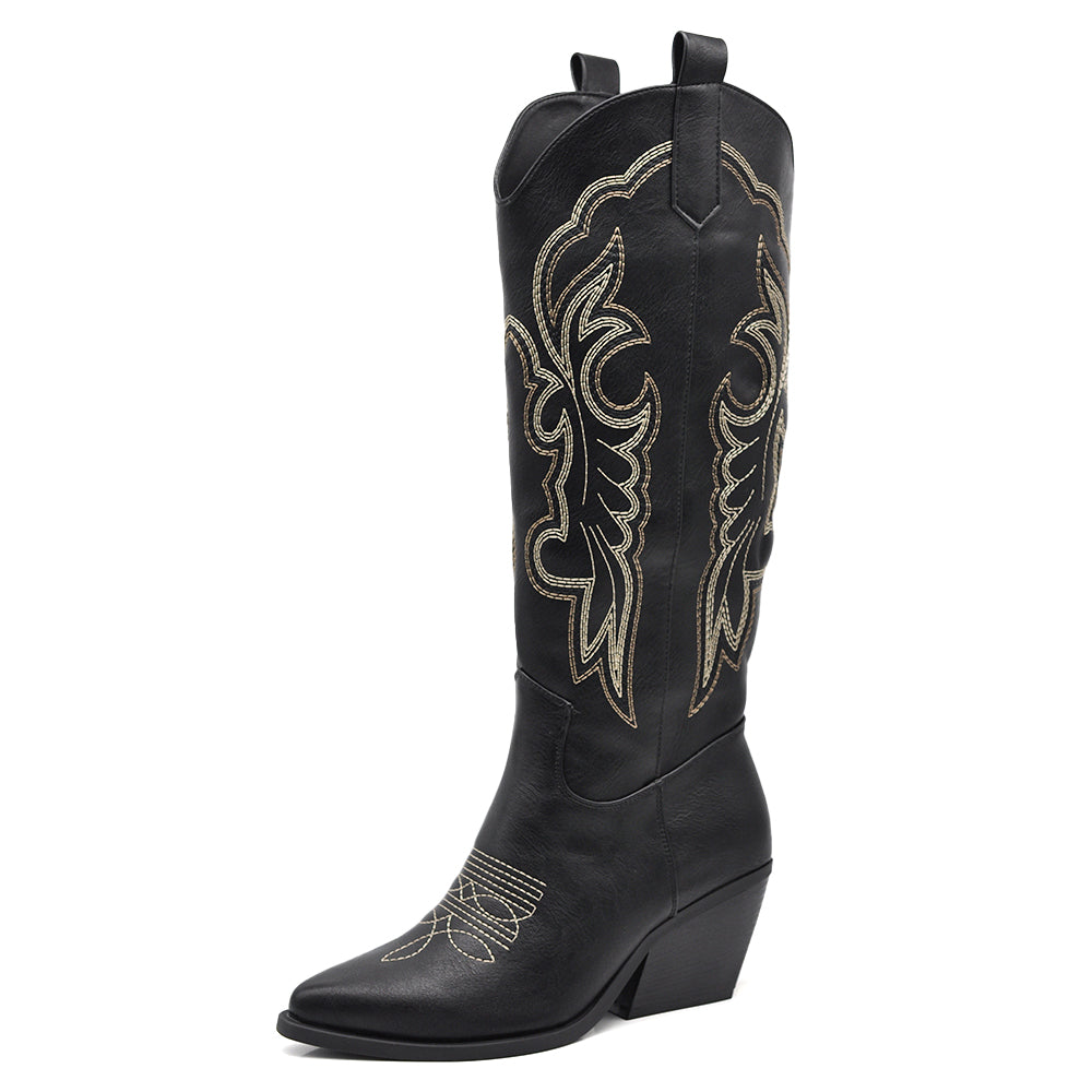 Stivali Texani Donna al Ginocchio Effetto Vintage – Stivali Western Ricamati con Tacco Largo