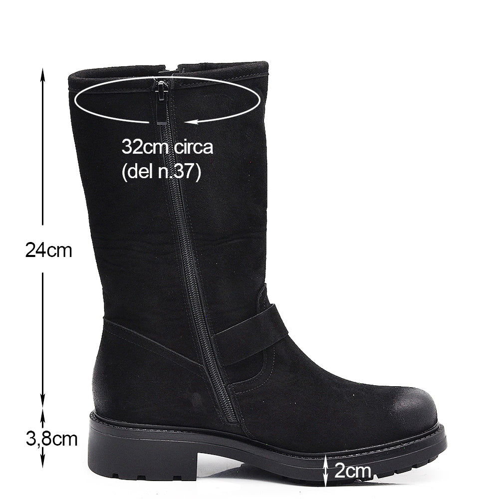 Stivali stivaletti biker moto da donna con fibbie e cerniera suola carrarmato casual in camoscio 9Y6036 nero marrone