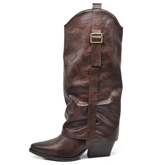 Stivali texani con ghetta slouchy da donna con fibbia tacco medio comodo 2Y6158-5 nero marrone