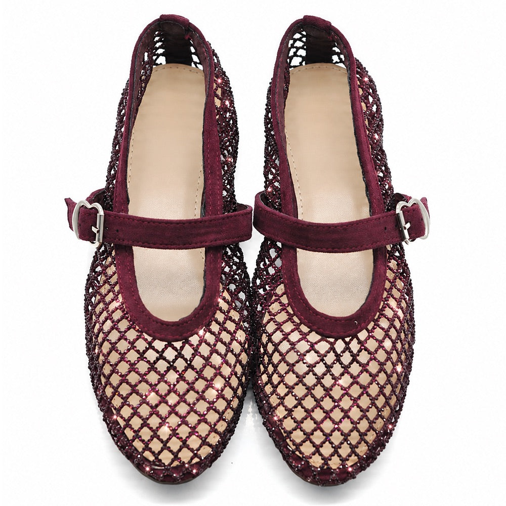 Ballerine Donna Mary Jane a Rete con Strass, Scarpe Basse Traforate con Cinturino e Fibbia, Ballerine Gioiello Eleganti