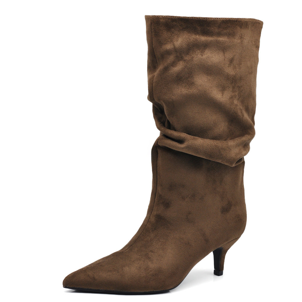 Stivali al polpaccio da donna scamosciato con tacco basso a spillo gattina KITTEN HEELS arricciato elegante e confortevole A206 marrone beige