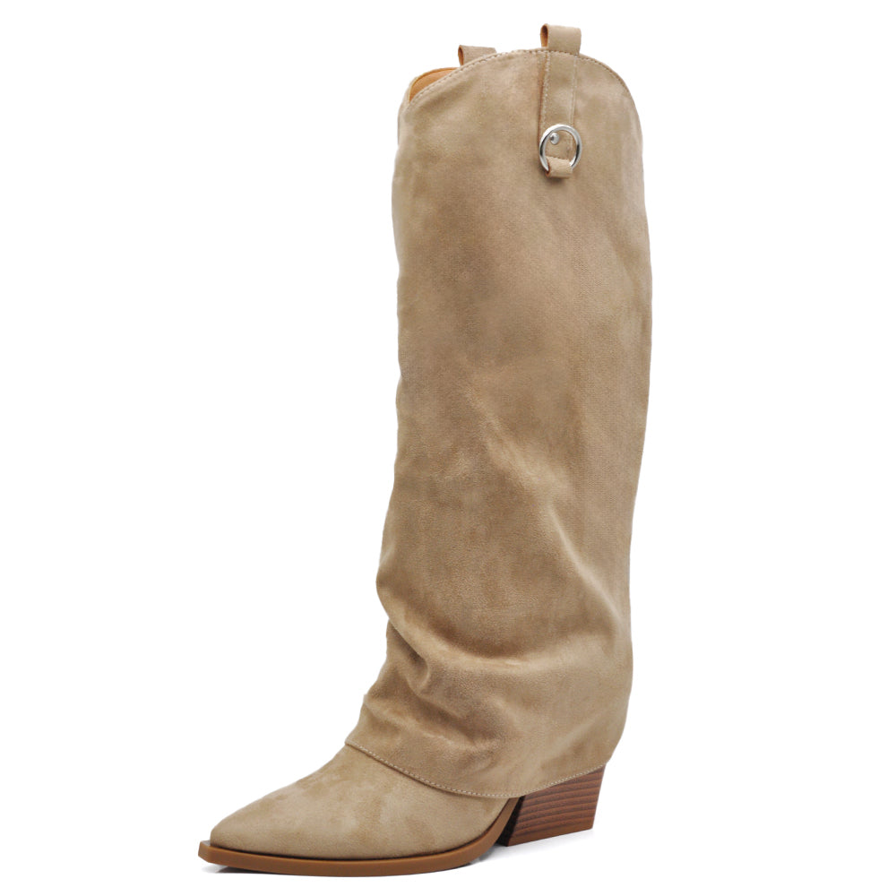 Stivali Texani Arricciati stropicciati Da Donna A Punta Con Tacco E Ghetta Risvolto MP742-2