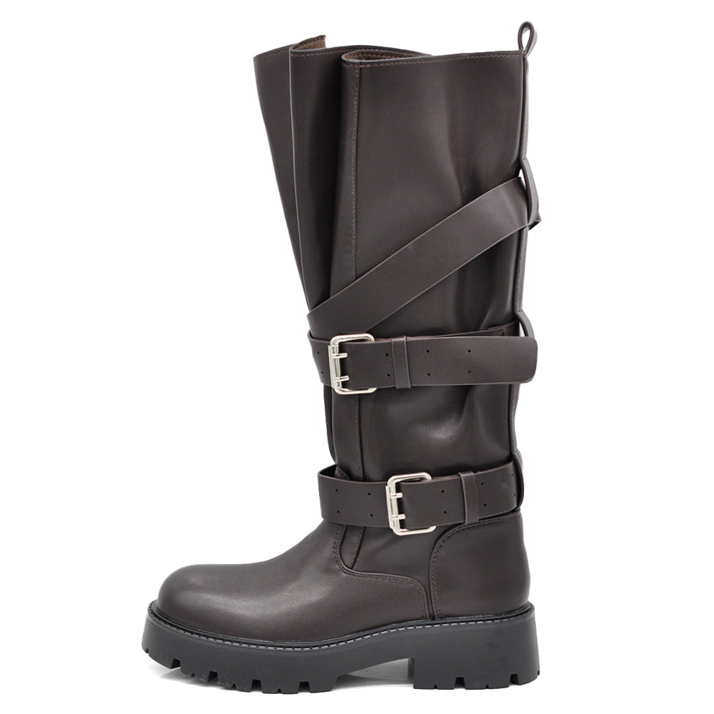 Stivali Biker Donna Alti con Maxi Linguetta Integrata, Fibbie e Cinturini, Gambale Largo, Suola Platform Carrarmato Stile Motociclista WG602