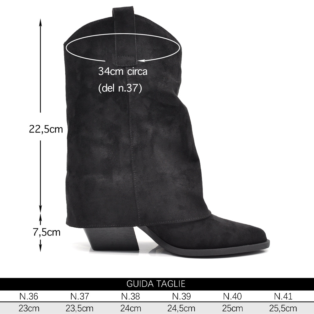 Stivaletti Texani Donna Arricciati con Effetto di Sovrapposizione, Decorazione Frange e Borchie Tacco Medio
