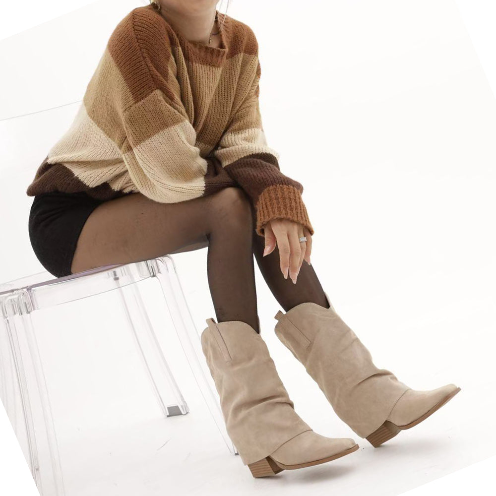 Scarpe da Donna Stivali Texani Western Stivaletti Arricciati Scamosciati Con Ghette Punta Quadrata MP738