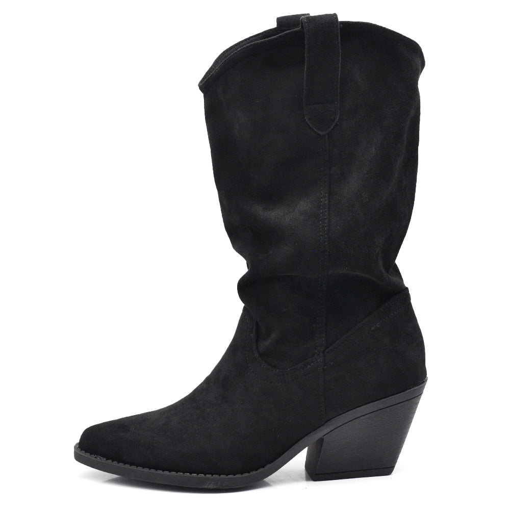 Stivali Texani Donna Camperos Slouchy Morbidi Arricciabili in Effetto Scamosciato con Tacco Largo e Punta Affusolata K0136