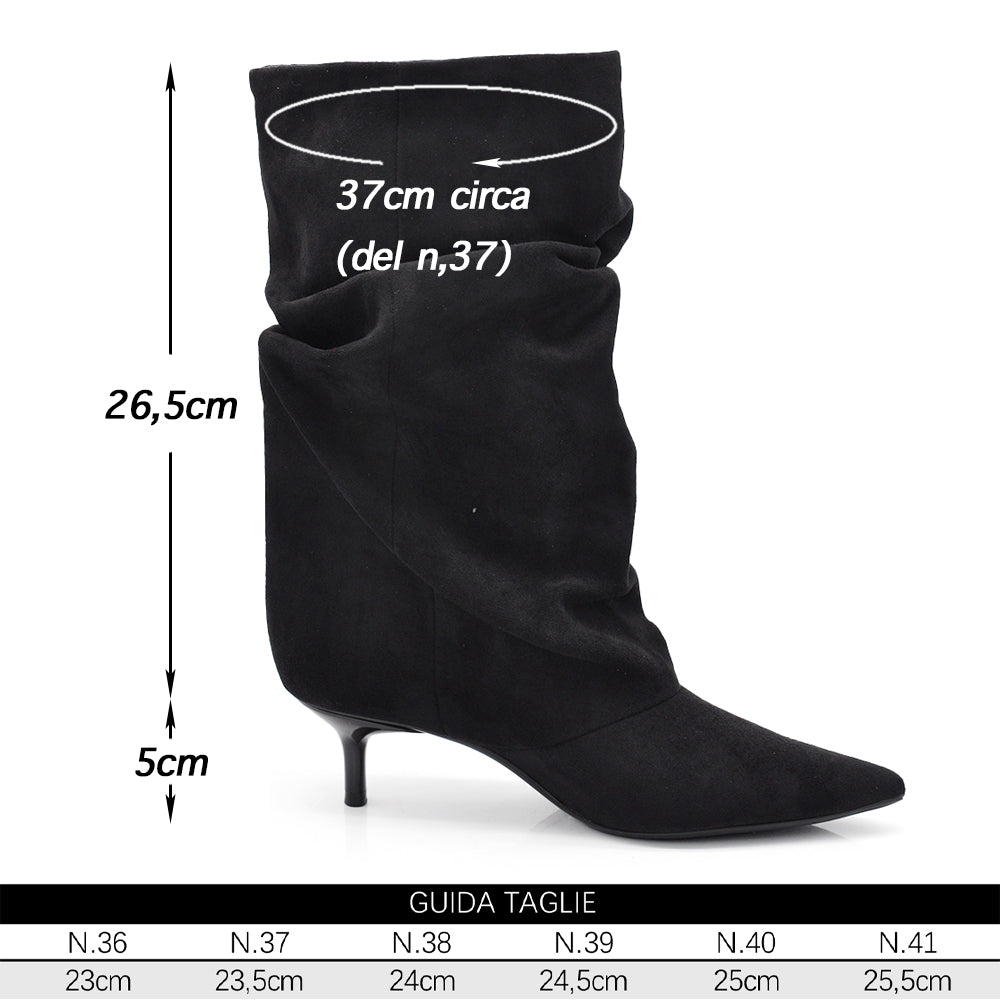 Stivali al polpaccio da donna scamosciato con tacco basso a spillo gattina KITTEN HEELS arricciato elegante e confortevole R707