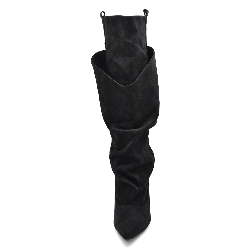 Stivali Donna Fold-Over al Ginocchio con Gambale Ripiegato a Doppio Strato, Punta Affusolata, Tacco Sottile, Effetto Scamosciato