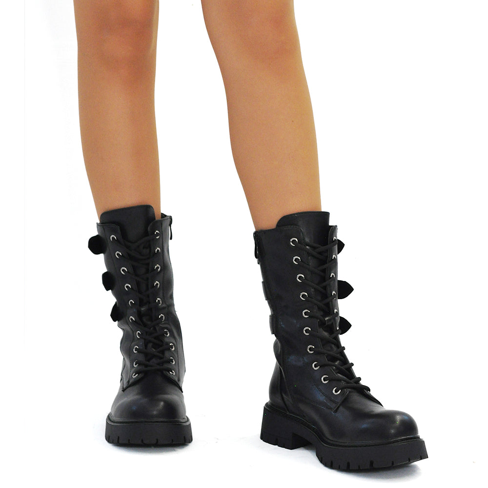 Stivali da donna stile combat con lacci multi fibbie look punk/gotico casual RQY148 nero