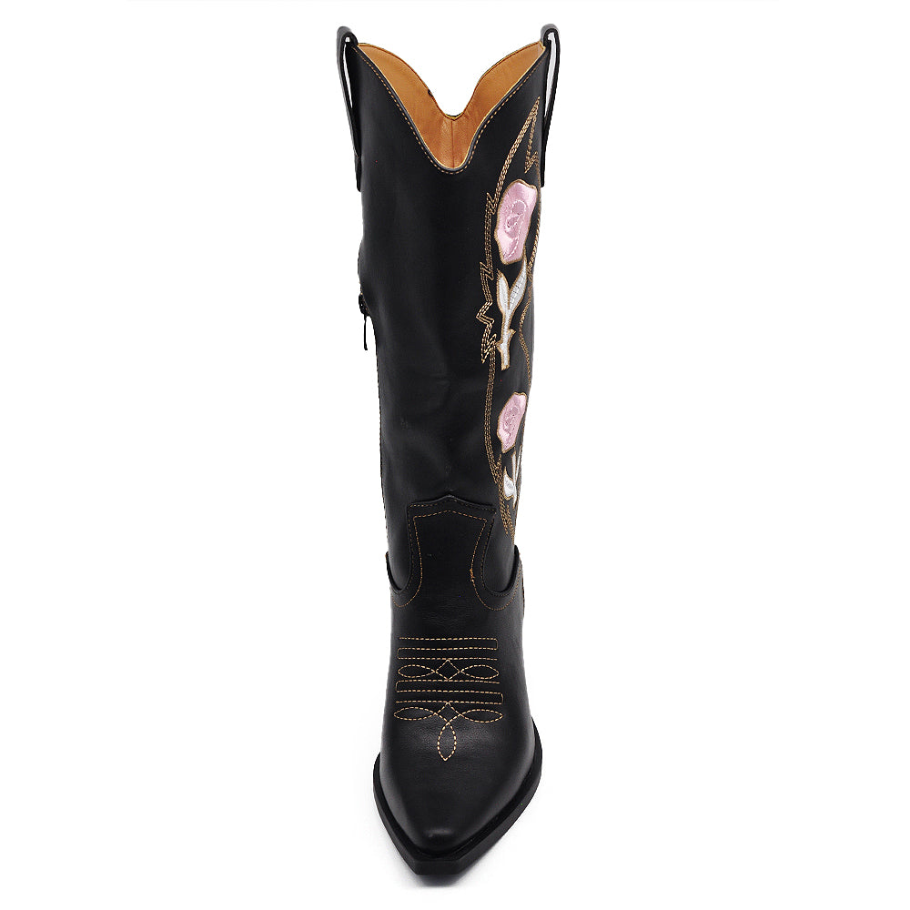 Stivali Texani Donna con Ricamo Floreale Tacco Largo Punta a Mandorla Stivaletti Western MP736-12