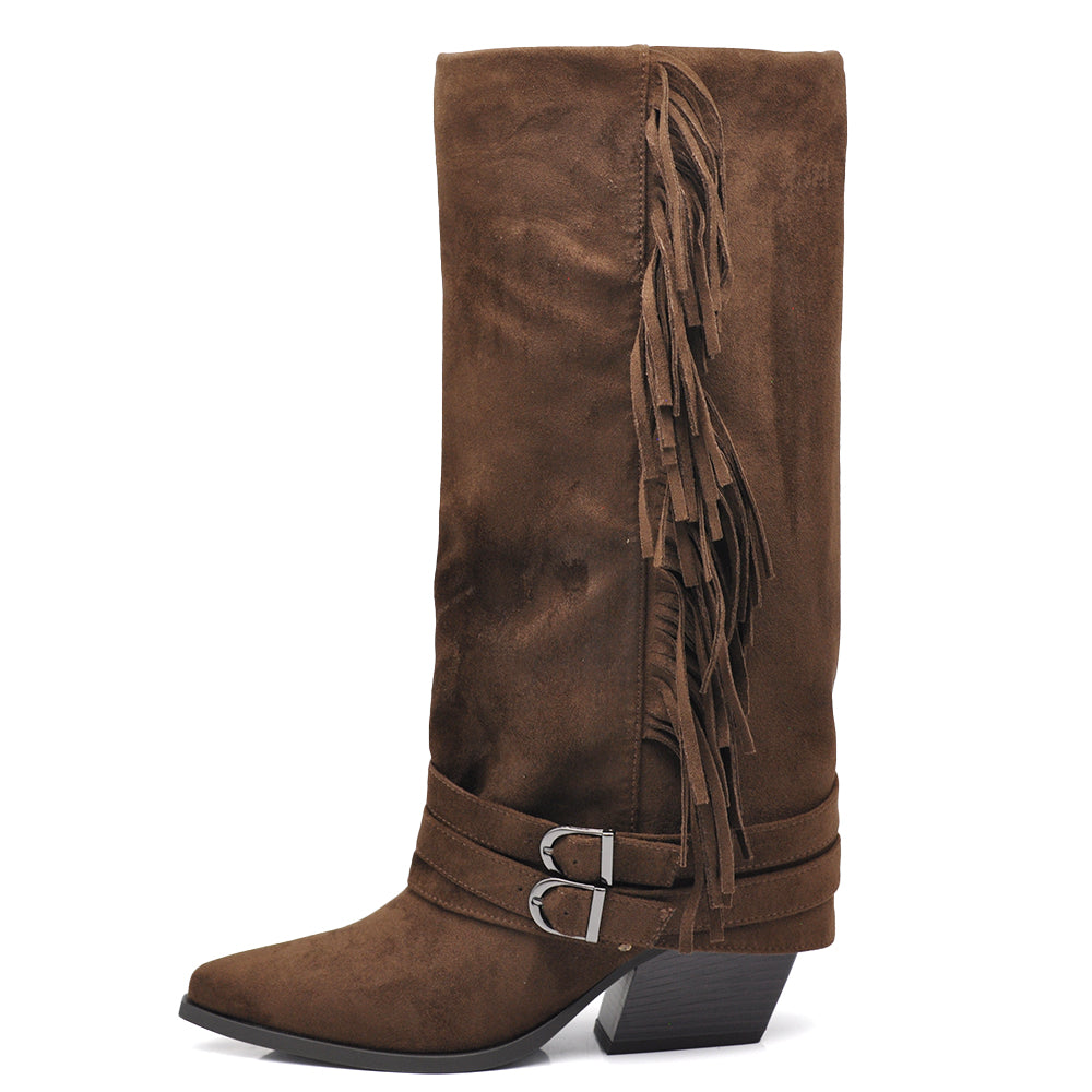 Stivali Texani Cowboy Cowgirl Con Ghetta Frange Camoscio Sintetico Camperos G709 nero marrone khaki