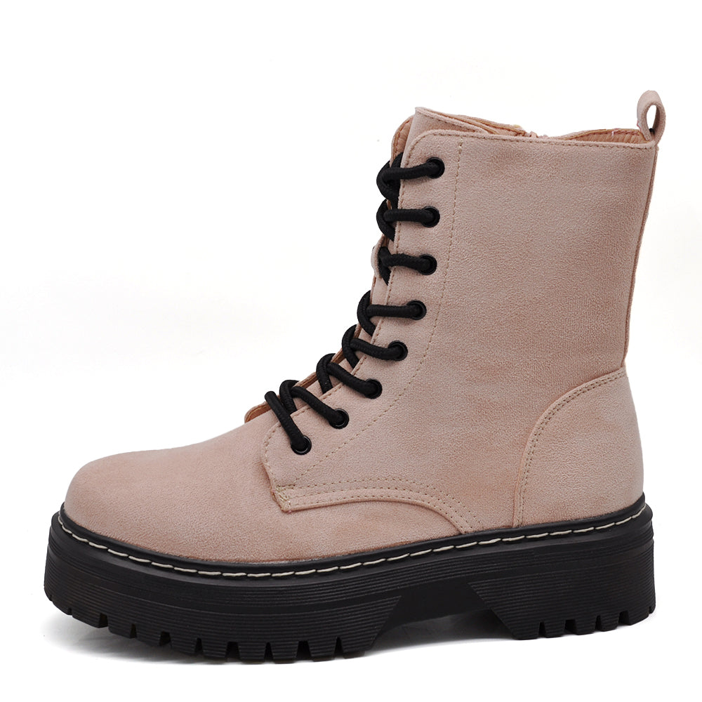 Stivali Anfibi Donna Stringati con Suola Carrarmato e Zip Laterale – Combat Boots Biker GR-6686 pink rosa nude
