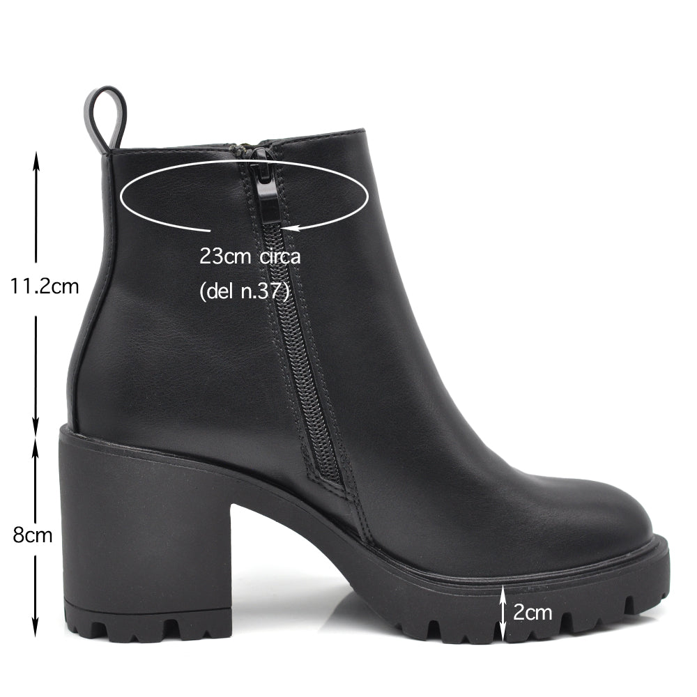 Stivaletti da donna con cerniera decorativa tronchetti tacco medio largo platform carrarmato BT24182 nero