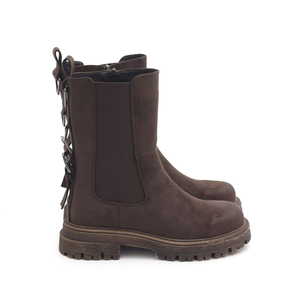 Stivali Biker Ciclista Stivaletti Chelsea Donna con Suola Spessa Chunky 3 Fibbie Posteriori  MP2747-3