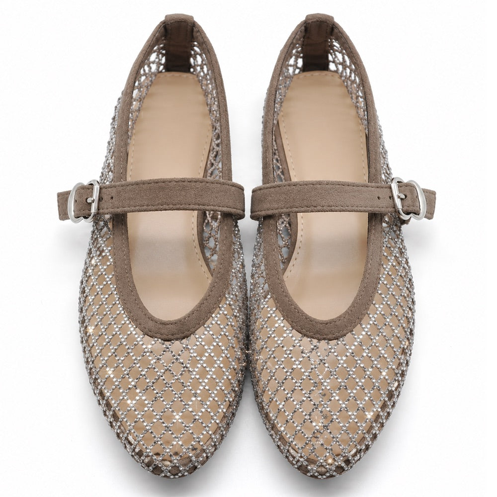 Ballerine Donna Mary Jane a Rete con Strass, Scarpe Basse Traforate con Cinturino e Fibbia, Ballerine Gioiello Eleganti