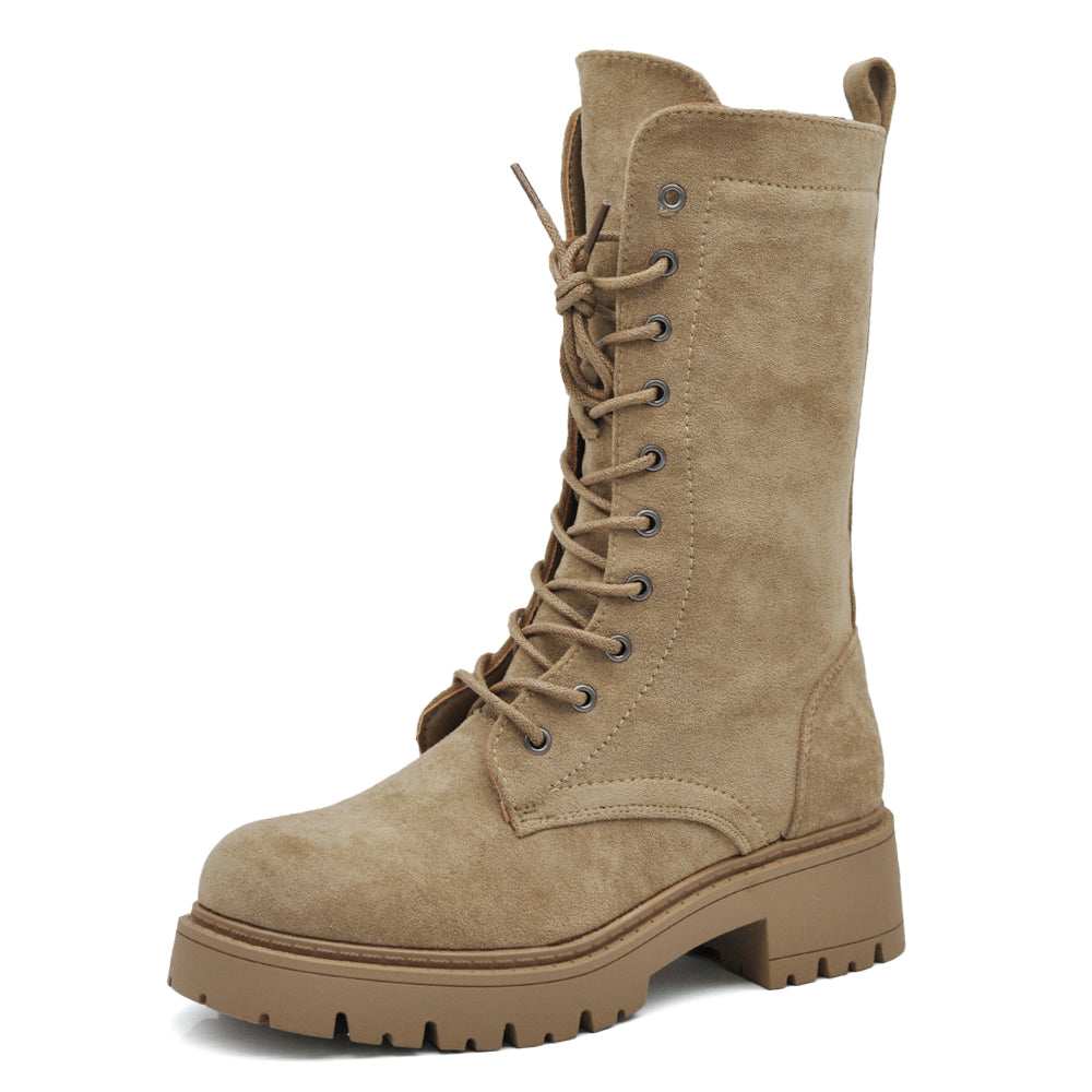 Titolo prodotto: Stivali Anfibi Donna Alti Stringati con Suola Carrarmato e Zip Laterale – Combat Boots Biker