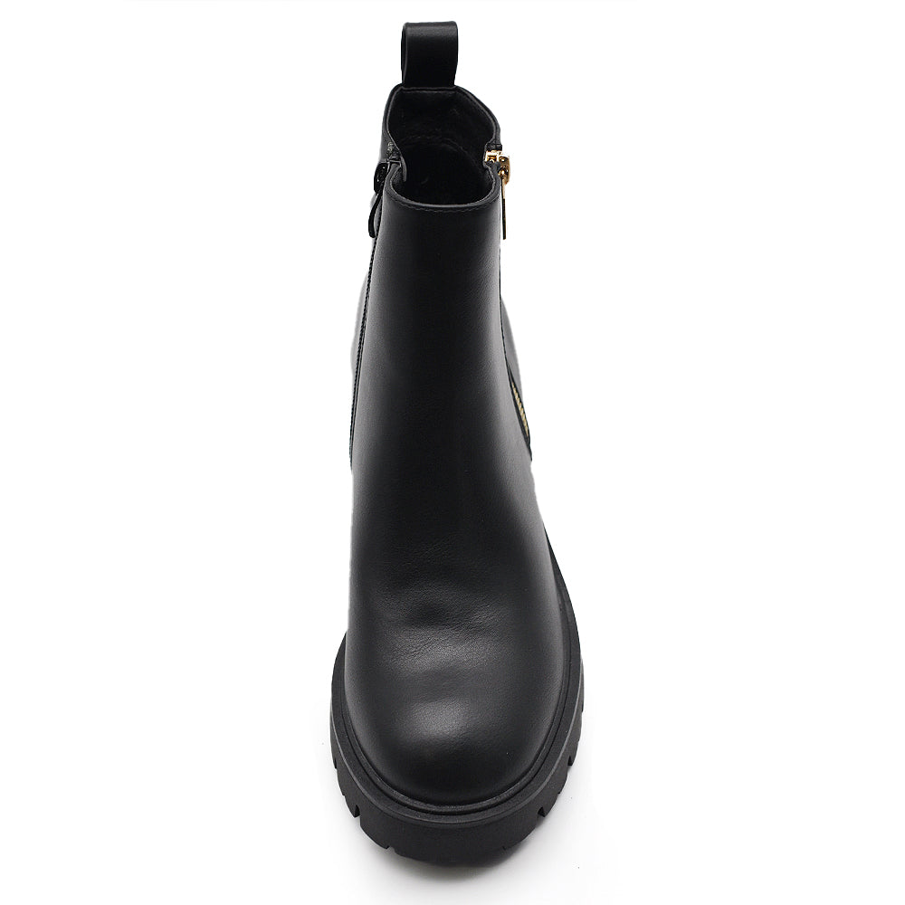 Stivaletti da donna con cerniera decorativa tronchetti tacco medio largo platform carrarmato BT24182 nero