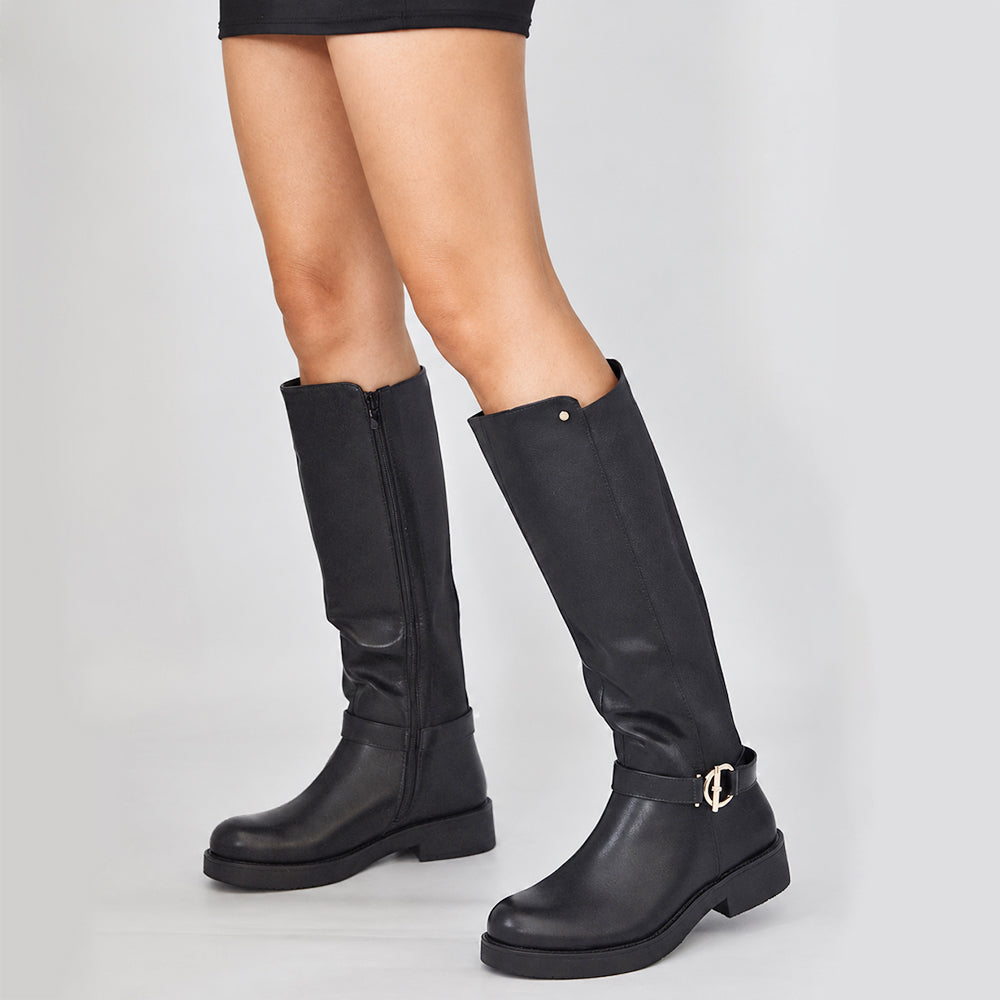 Stivali Donna Cavallerizzi con Inserto Elastico e Fibbia – Stivali Alti Stile Equestre con Zip Laterale 736